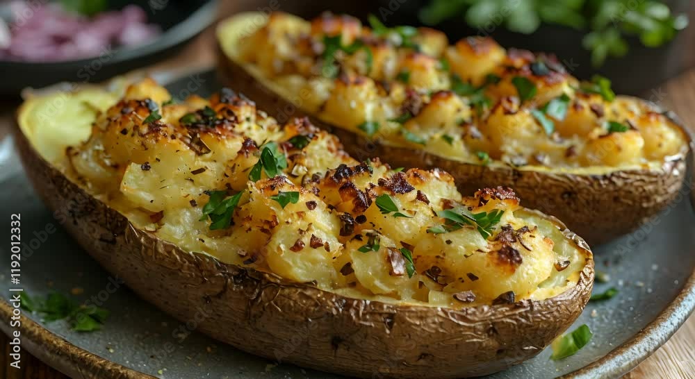 Baked potatoes filled with seasoned toppings and herbs, served on a plate. Baked potatoes filled with seasoned toppings and herbs, served on a plate.