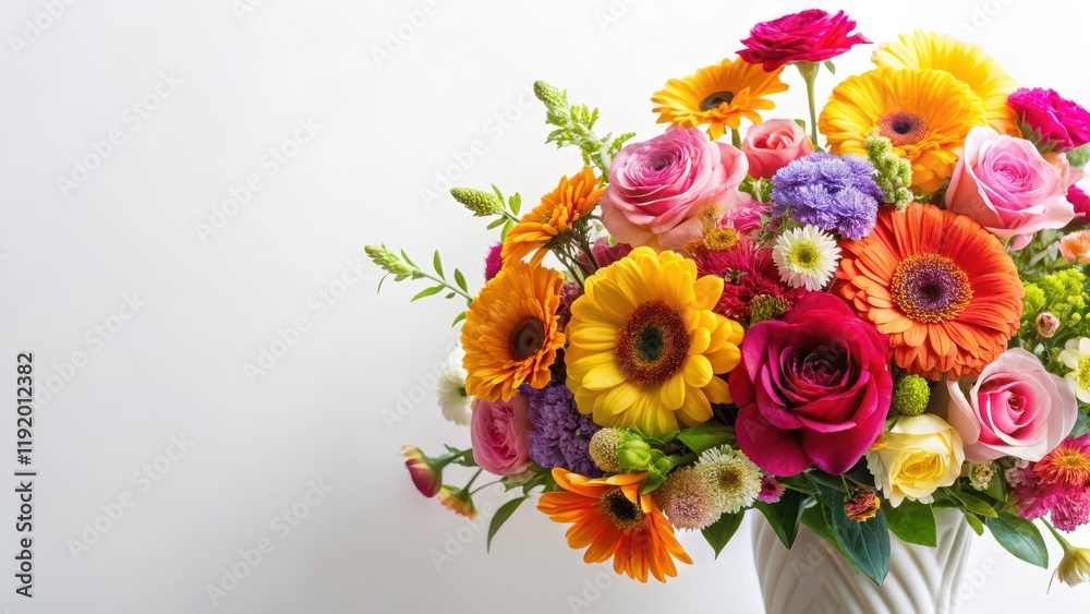 Obraz premium Vibrant floral arrangement against a soft white background, blooms, decorations, blooms, decorations