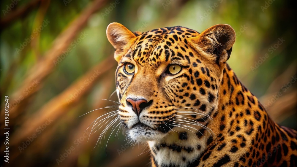 A majestic leopard's head with a unique spot pattern, placed against a seamless brown and green natural environment background, fur A majestic leopard's head with a unique spot pattern, placed against a seamless brown and green natural environment background, fur