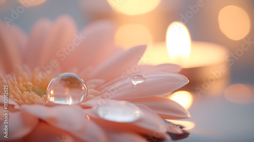 Close-Up of a Pink Daisy Petal with Water Droplets and Candle Light photo