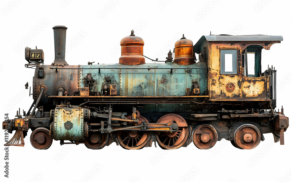 Rusty steam locomotive, side view, white background, historical relic Rusty steam locomotive, side view, white background, historical relic
