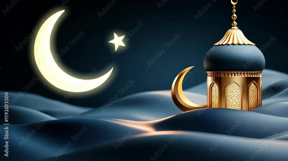 Ramadhan or Eid al Fitr Background. Elegant Islamic Architecture Featuring a Golden Crescent Moon and Star Against Dark Waves Ramadhan or Eid al Fitr Background. Elegant Islamic Architecture Featuring a Golden Crescent Moon and Star Against Dark Waves