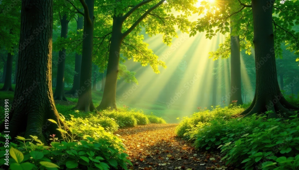 Obraz premium Golden sunlight streams through emerald canopy, dappling forest floor , dappled, organic