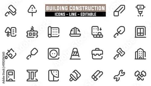Set of 25 line icons building construction. Editable stroke. Vector illustration