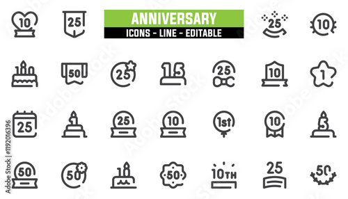 Set of 25 line icons anniversary. Editable stroke. Vector illustration