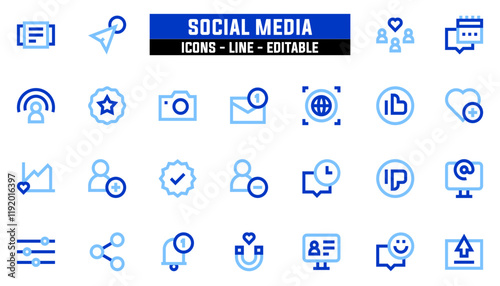 Set of 25 line icons social media. Editable stroke. Vector illustration