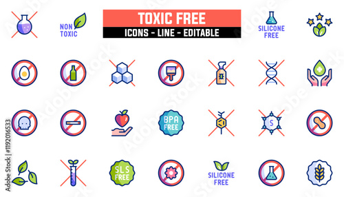Set of 25 line icons toxic free. Editable stroke. Vector illustration