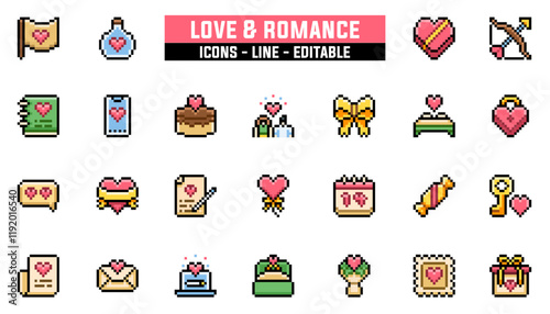 Set of 25 line icons love and romance.. Editable stroke. Vector illustration