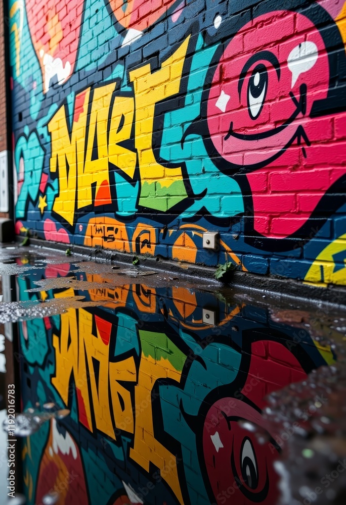 colorful graffiti art on urban brick wall with puddle reflections, photorealistic 4K street art for creative backgrounds, culture and vaporwave inspiration with copy space