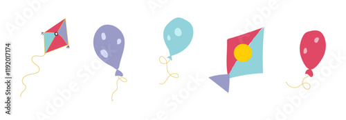 Illustration of four playful kites and balloons in pastel colors. Simple designs with strings, ideal for children's parties or celebrations.