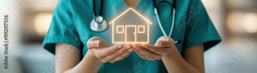 A healthcare professional holds a glowing house symbol, representing the connection between medical care and home health.