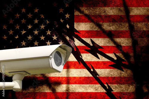 A security camera and flag from the United States of America photo