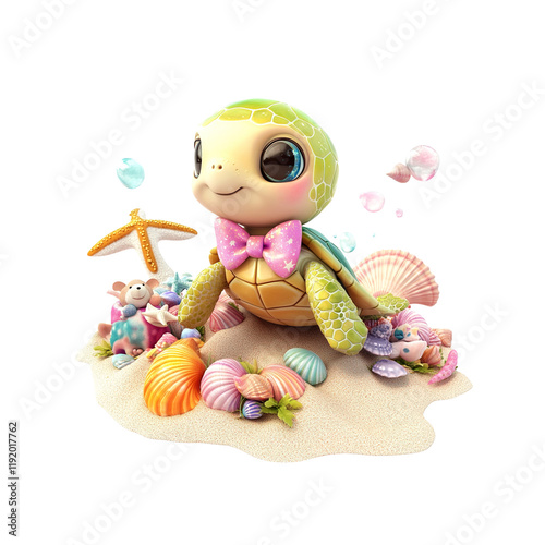 Adorable Cartoon Sea Turtle in Seashell Paradise photo