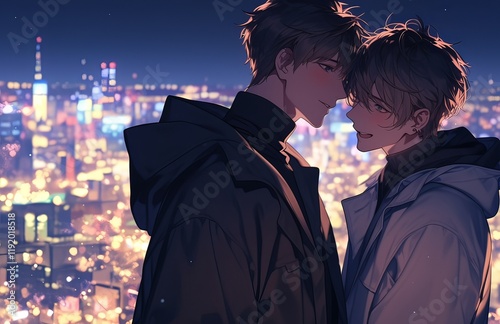 two men in love, standing close together with their foreheads touching, set against a romantic city lights backdrop at night. photo
