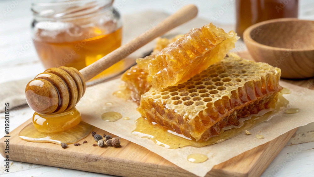 Honey with honeycomb and wooden spoon,spoon, wooden, glasses,gold, sticky