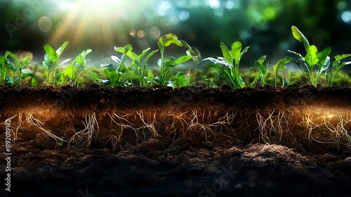 young plants growing roots in soil - sustainability