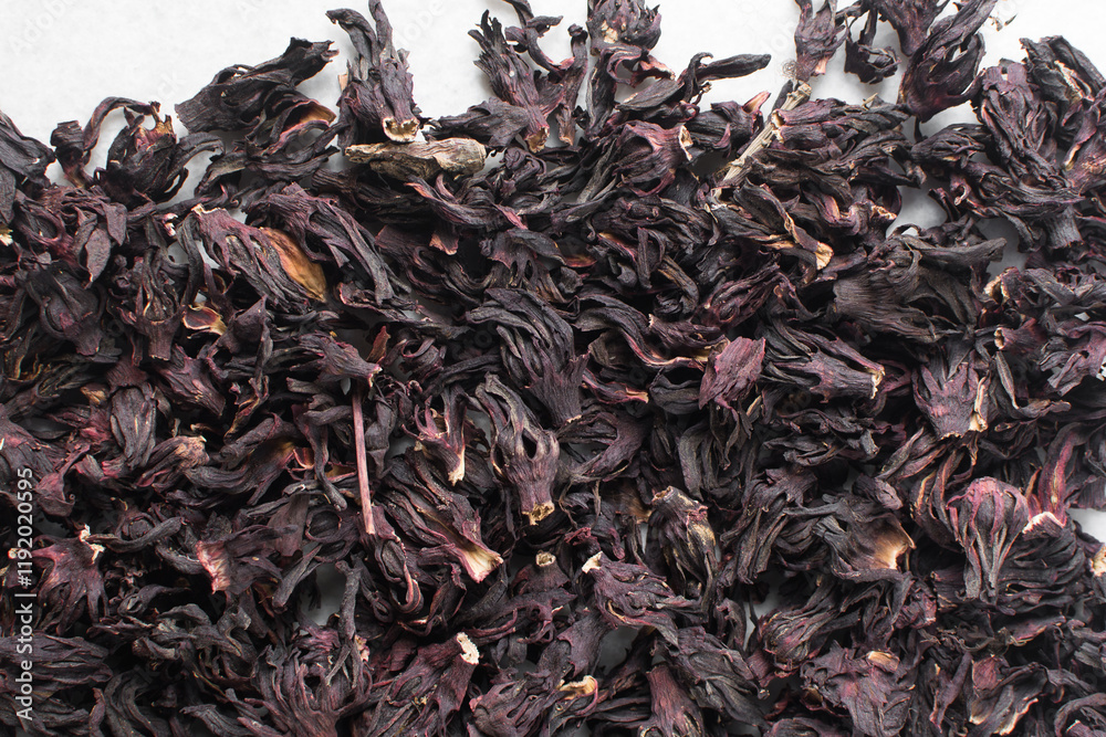 Overhead view of dried roselle, top view of dried hibiscus and Sorrel flowers, ingredient for making nigerian zobo drink Overhead view of dried roselle, top view of dried hibiscus and Sorrel flowers, ingredient for making nigerian zobo drink