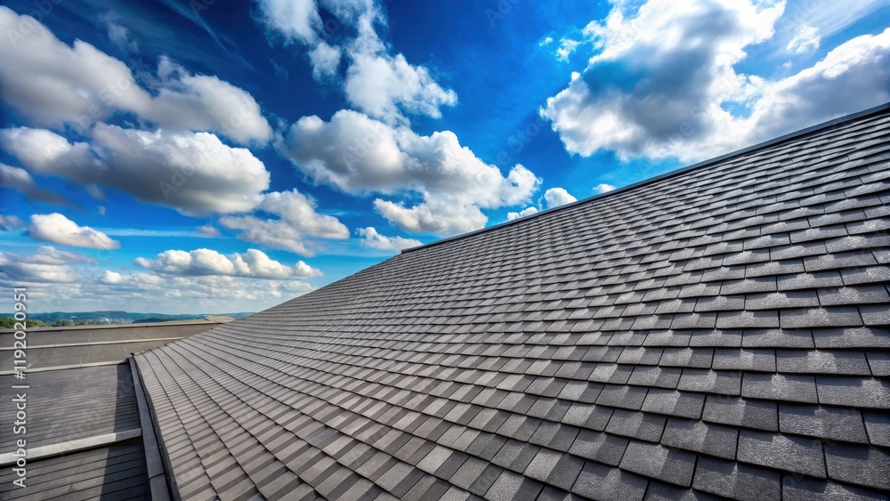 Dark grey roof shingles with a subtle texture, set against a brilliant blue sky with a few white clouds, showcasing the natural beauty of a serene landscape , suburban , nature Dark grey roof shingles with a subtle texture, set against a brilliant blue sky with a few white clouds, showcasing the natural beauty of a serene landscape , suburban , nature