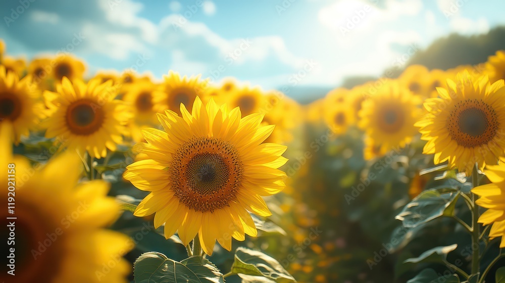 Fototapeta premium Golden Sunflowers Field at Sunset