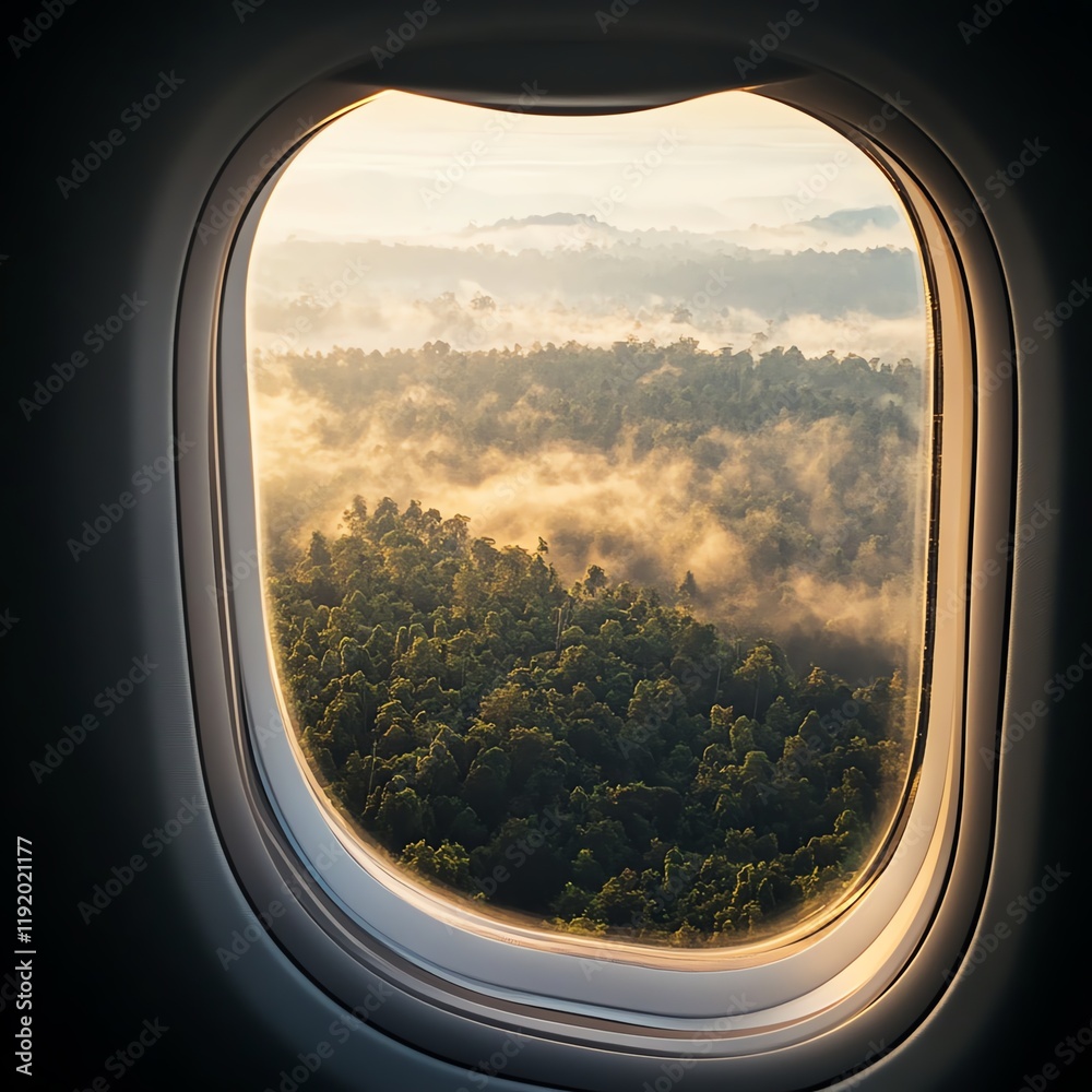 Aerial view of lush greenery and misty landscape seen through an airplane window. Aerial view of lush greenery and misty landscape seen through an airplane window.