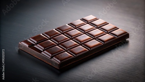 Rich dark chocolate bar sitting on a dark surface with subtle shadows and reflections, rich, decadence photo