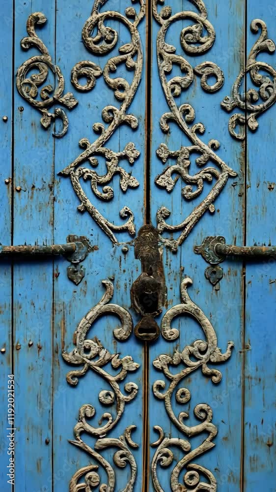 Beautifully detailed blue wooden door with intricate metalwork and aged charm in a quiet alleyway Beautifully detailed blue wooden door with intricate metalwork and aged charm in a quiet alleyway