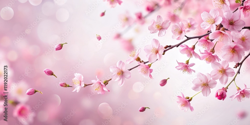 Pink sakura petals falling gently from a delicate cherry blossom branch against a soft white background Pink sakura petals falling gently from a delicate cherry blossom branch against a soft white background