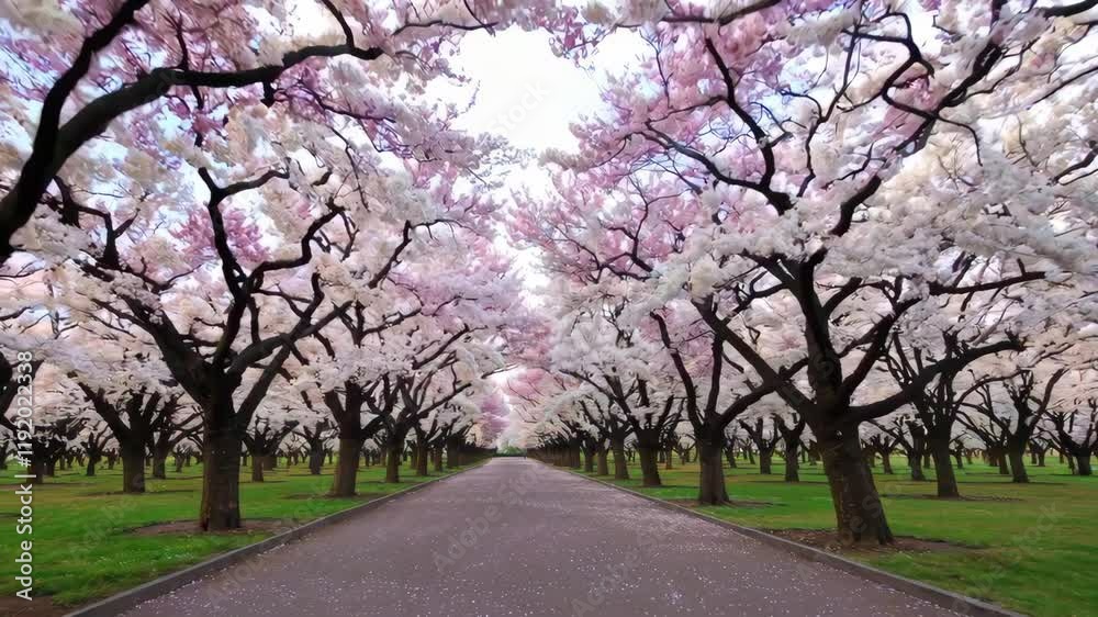 Cherry blossoms in full bloom form a natural canopy over a peaceful walkway, with vibrant pink and white flowers creating a serene springtime atmosphere.
Cherry blossoms in full bloom form a natural canopy over a peaceful walkway, with vibrant pink and white flowers creating a serene springtime atmosphere.