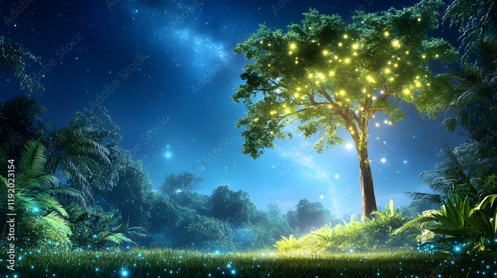 Fototapeta premium Enchanting nighttime tree illuminated by fireflies in a serene forest setting