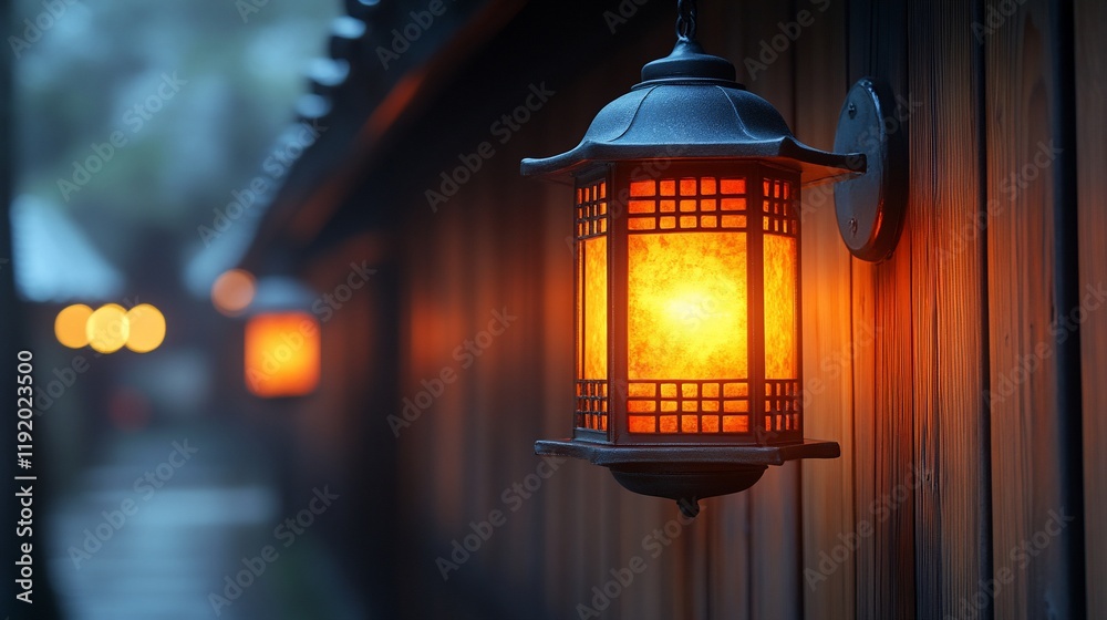 Illuminated Japanese Lantern on Wooden Wall at Dusk