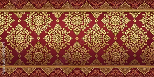 Traditional Middle Eastern-style damask pattern with gold and crimson hues