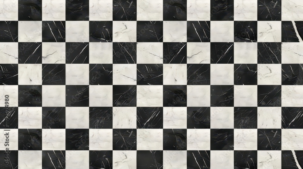 Fototapeta premium A checkerboard pattern of black and white marble tiles.