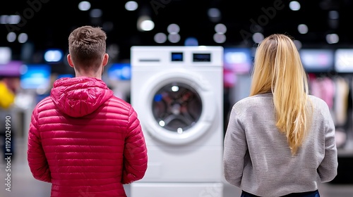 Couple viewing a washing machine in an appliance store.