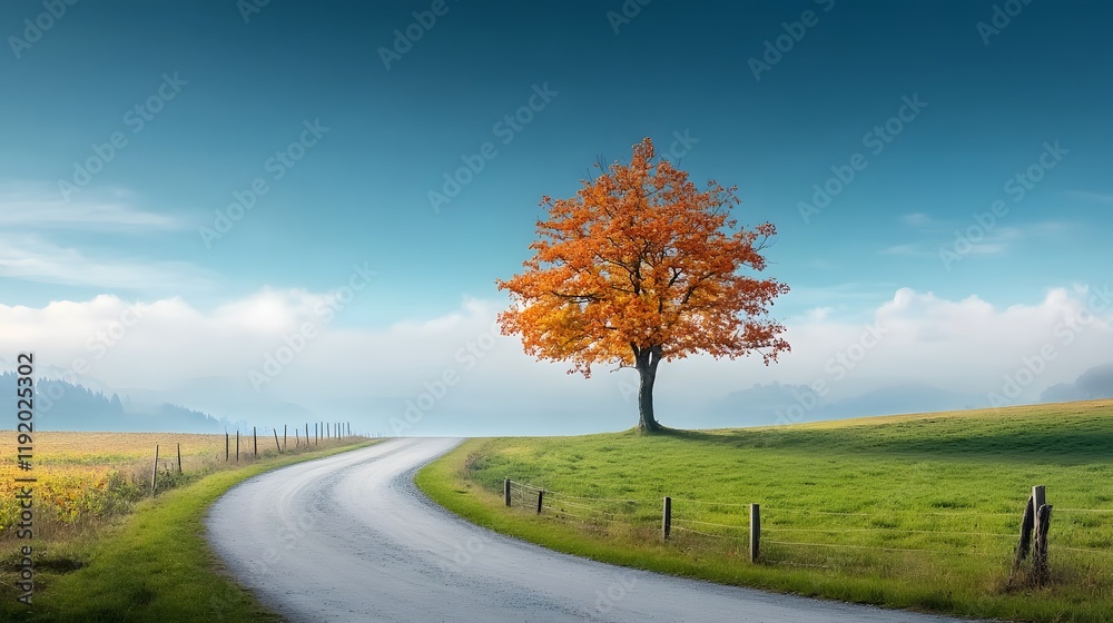 Naklejka premium Exploring autumn serenity a vibrant orange tree on a winding road in nature's tranquil landscape