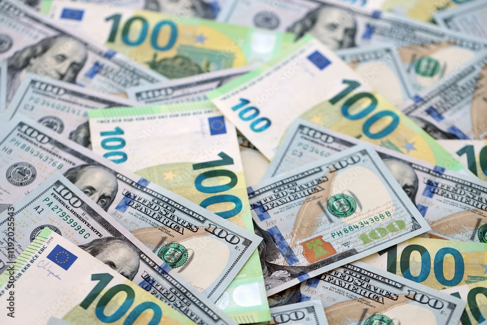 Big pile of Euro and USD banknotes. Many european and united states dollars Big pile of Euro and USD banknotes. Many european and united states dollars