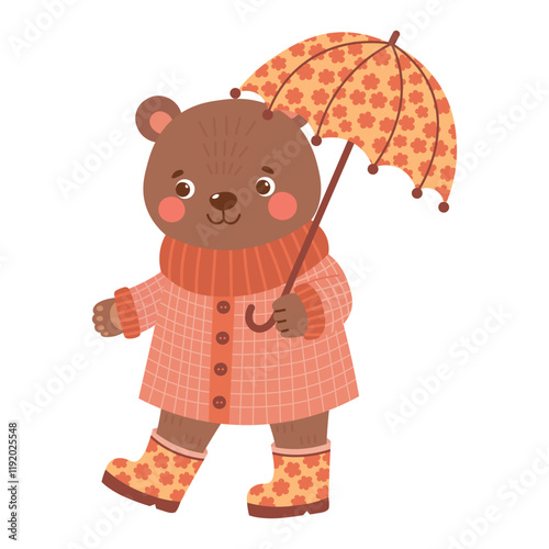 Teddy bear in a coat and wellies with an umbrella. Cute spring forest woods woodland character. Vector illustration isolated on transparent background.