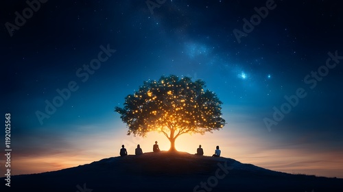 Illuminated tree gathering serene landscape nature scene night sky tranquil setting community connection