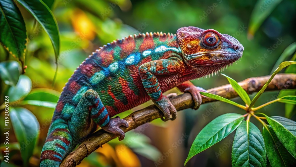 Fototapeta premium An Ambanja panther chameleon is crawling along a branch of a large tree in the forest with leaves and vines surrounding it, highlighting its climbing abilities , reptile, wildlife