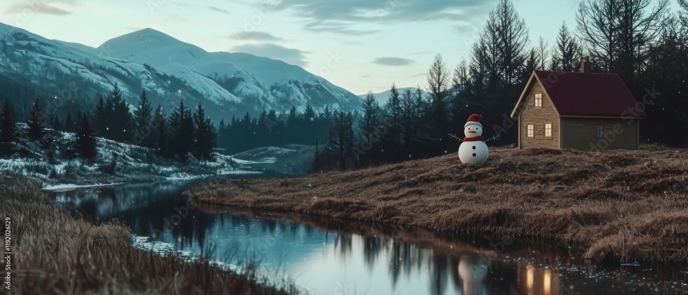 Fototapeta premium Winter Wonderland Snowman Cabin Snowy Mountains River