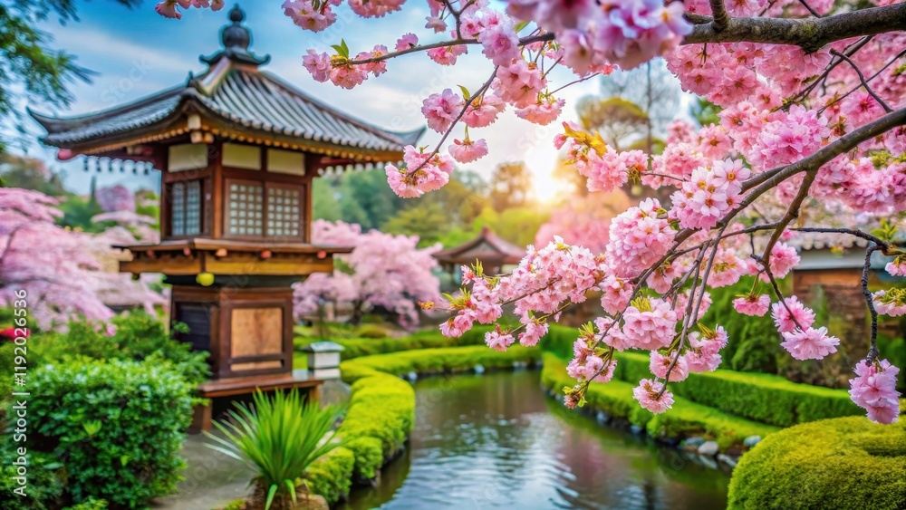 A cluster of cherry blossoms in full bloom amidst lush greenery and vibrant Asian-inspired garden decor, cherry blossom, outdoor A cluster of cherry blossoms in full bloom amidst lush greenery and vibrant Asian-inspired garden decor, cherry blossom, outdoor