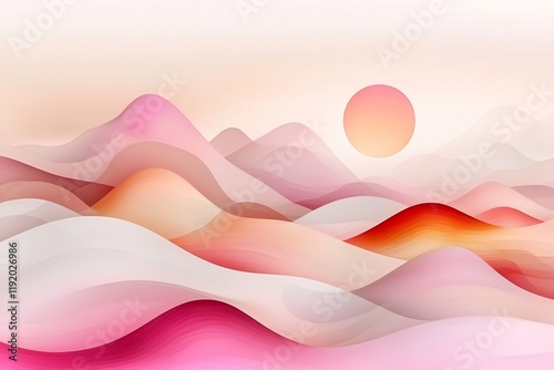 Captivating digital featuring a dreamlike landscape with a gentle gradient from pink to beige adorned with an abstract minimalist pattern in a vibrant yet delicate Fauvist style