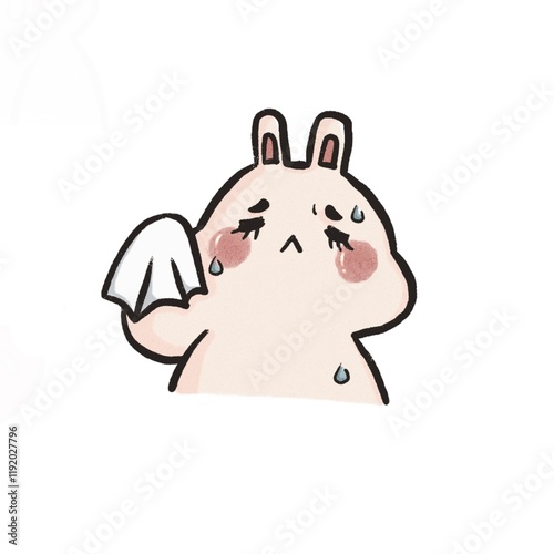 A cute cartoon rabbit wiping tears with a tissue, ideal for emotional content, greeting cards, or stickers. photo