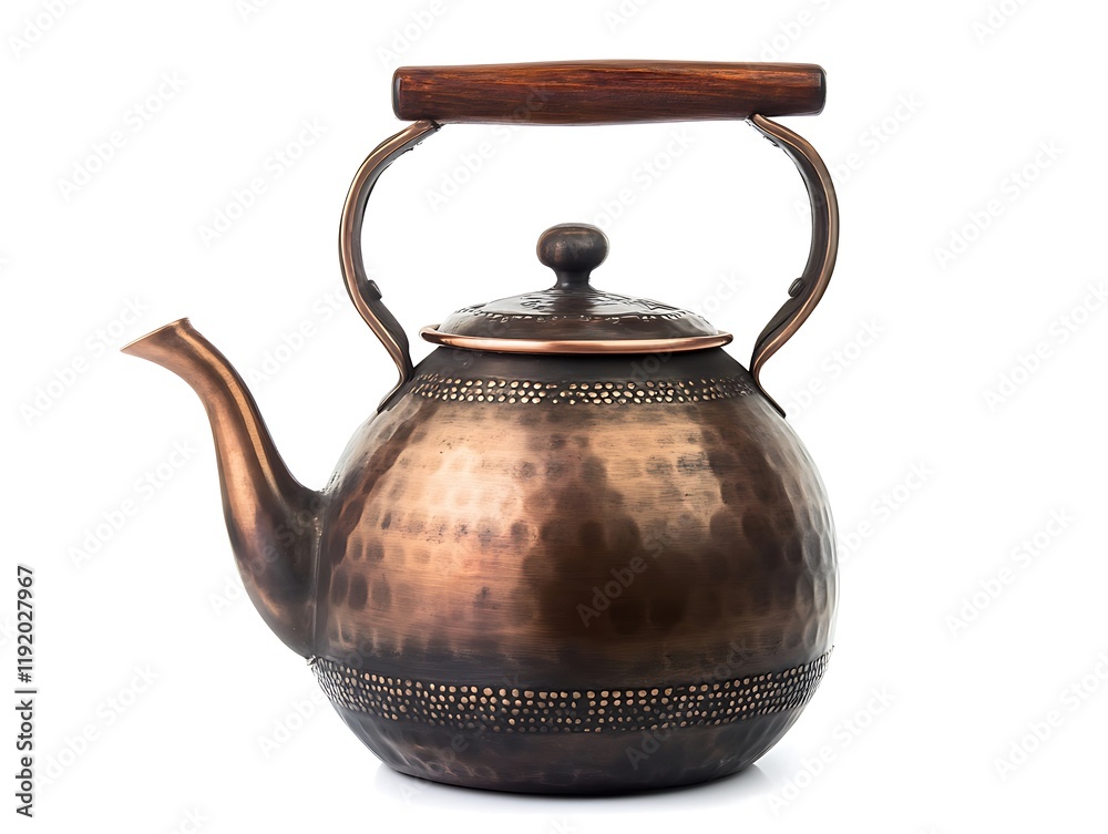 Traditional copper kettle with wooden handle in dark brown, on clean white background, ultra HD, Traditional copper kettle with wooden handle in dark brown, on clean white background, ultra HD,