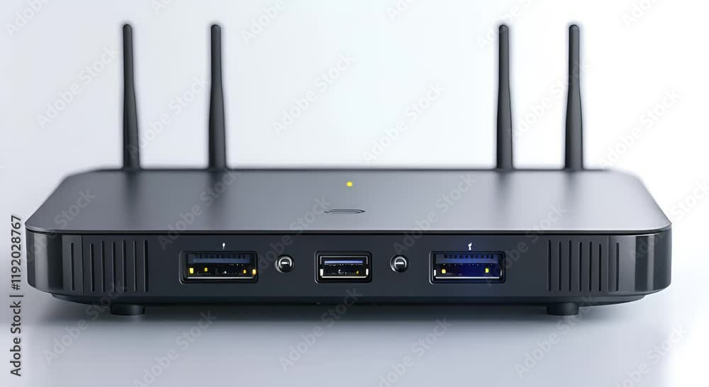 A modern wireless router with multiple USB ports and antennas for connectivity.