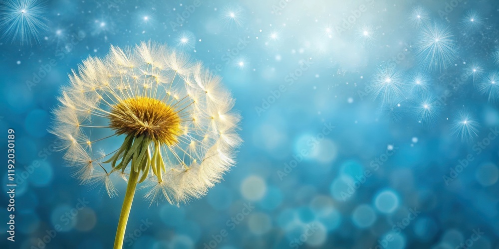 A delicate yellow dandelion head with soft petals and delicate seeds on a soothing blue background , flowers, outdoor A delicate yellow dandelion head with soft petals and delicate seeds on a soothing blue background , flowers, outdoor