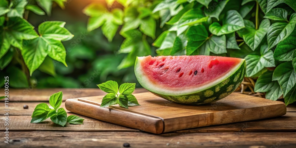 Fresh watermelon slice on a wooden cutting board, with green leaves and vines surrounding it , fruit, ingredients, fruit Fresh watermelon slice on a wooden cutting board, with green leaves and vines surrounding it , fruit, ingredients, fruit