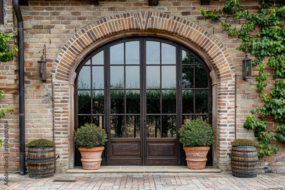 Red brick wall and arched window of classical european building in Rome. Detailed photo textured background Red brick wall and arched window of classical european building in Rome. Detailed photo textured background