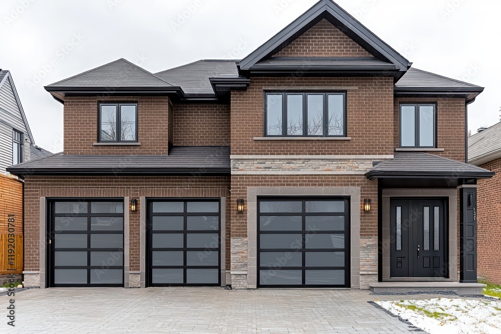 Symmetrical house design with brown brick and gray trim. Symmetrical house design with brown brick and gray trim.