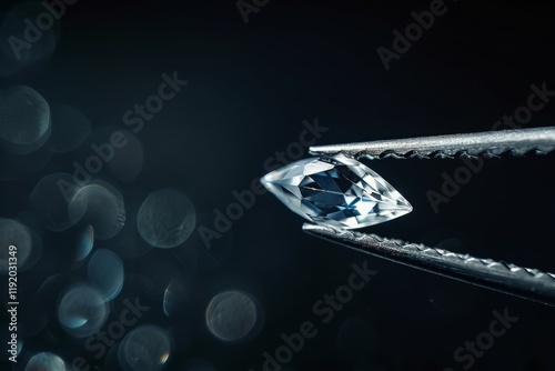 Diamond selective focus held in metal jeweller tweezers, brilliant stone cut. High definition photo
