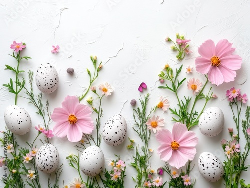 Elegant Display of Easter Eggs Surrounded by Pastel Flowers for a Festive Celebration, Perfect for Chinese New Year or Seasonal Themes photo